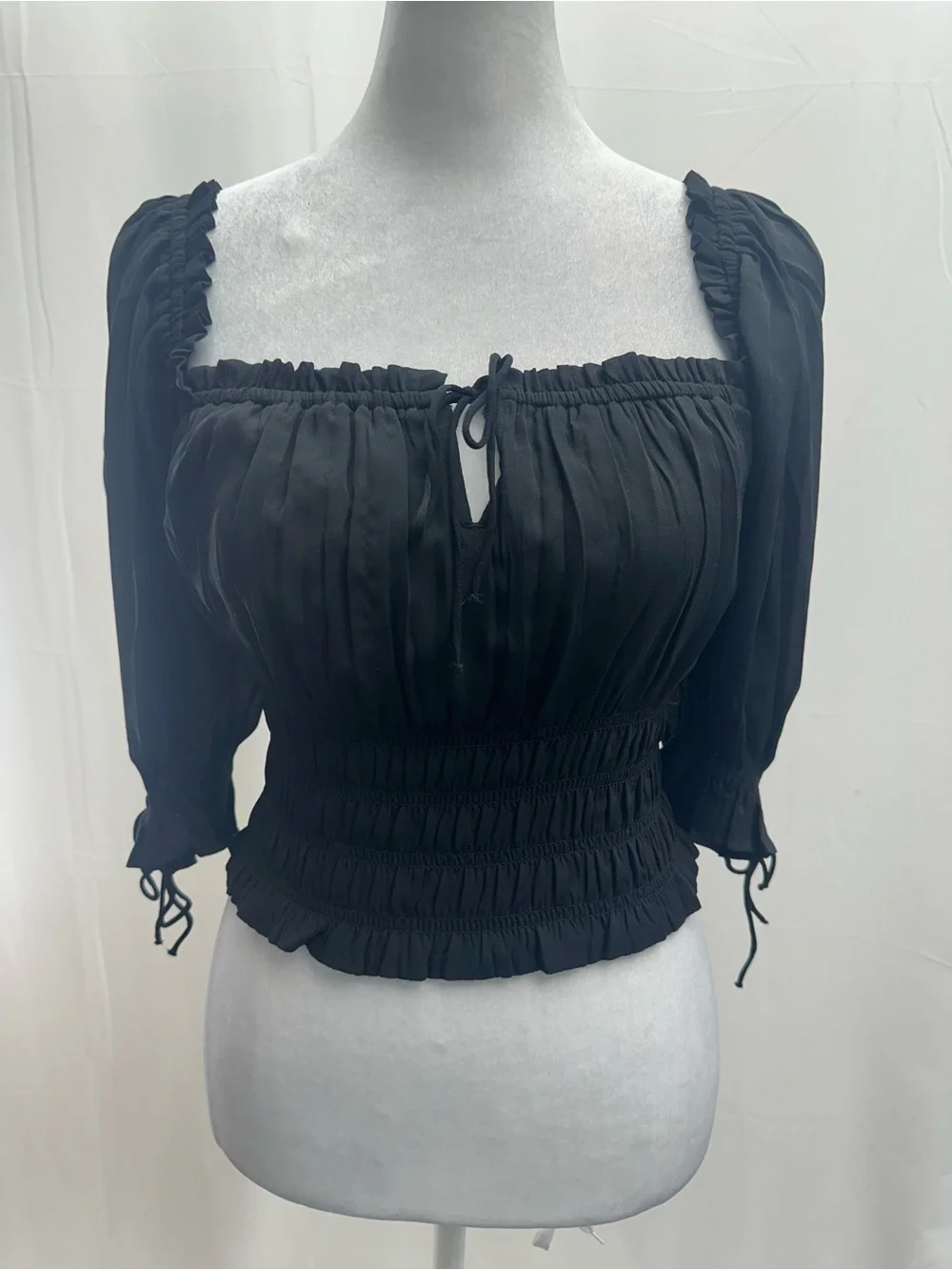 Abercrombie & Fitch Black Smocked Peasant Blouse with Tie Front S